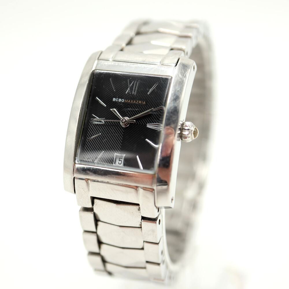 BCBG Maxazria Silver Tone 22mm Black Tank Watch Steel Bracelet w New Battery